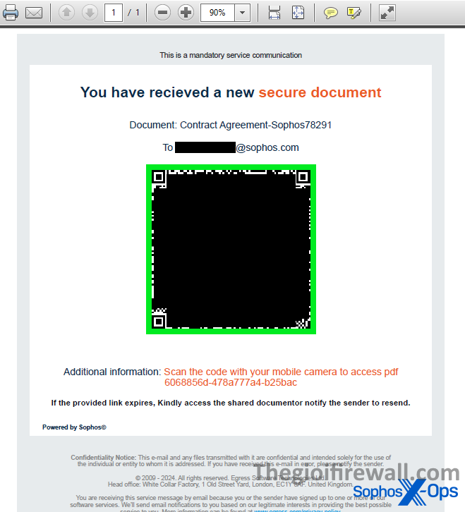 Một nhân viên của Sophos đã nhận được tệp PDF này vào tháng 9 năm 2024. Tệp PDF này tham chiếu đến địa chỉ email của họ và ghi "Đây là thông báo dịch vụ bắt buộc" ở đầu và sử dụng ngữ pháp kỳ lạ ở những nơi khác