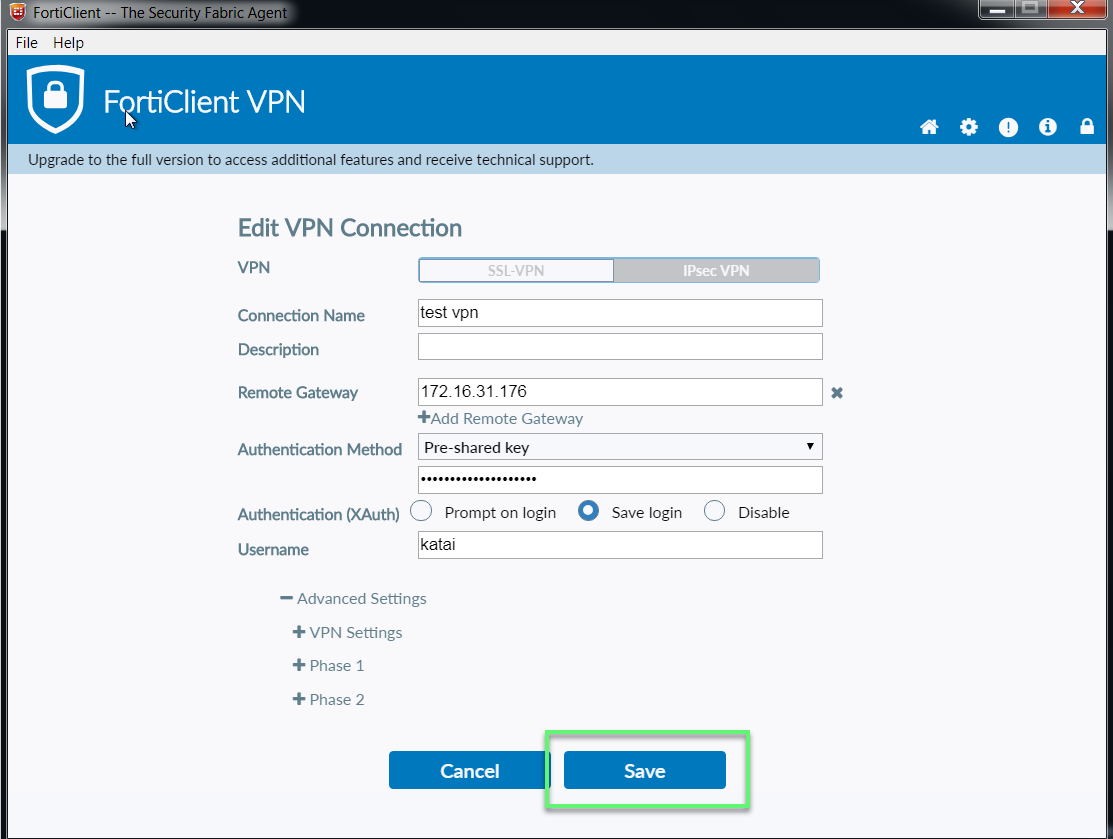 fortinet vpn client porst